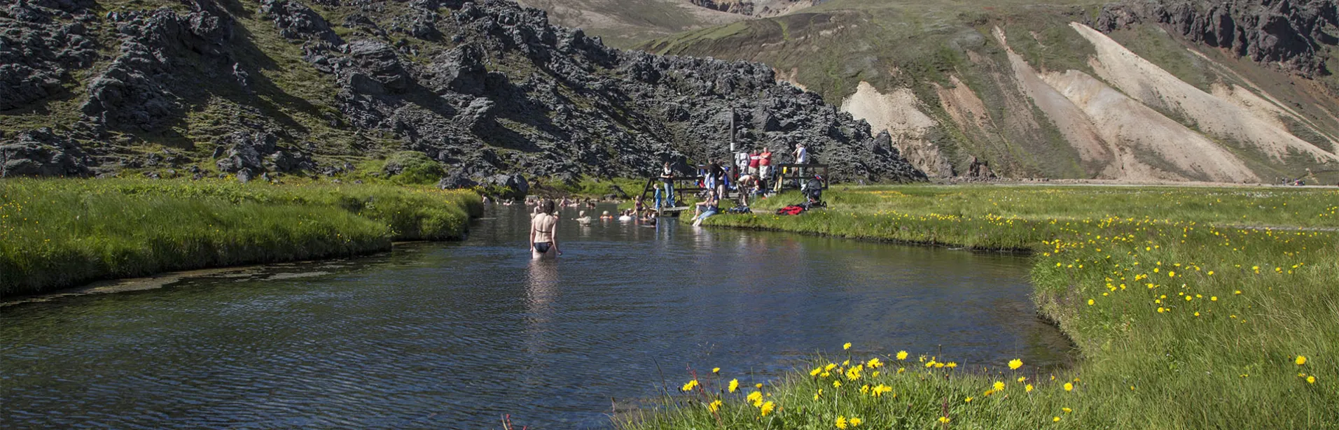 landmannalaugar, varm källa, bad, sommar, höglandet, island